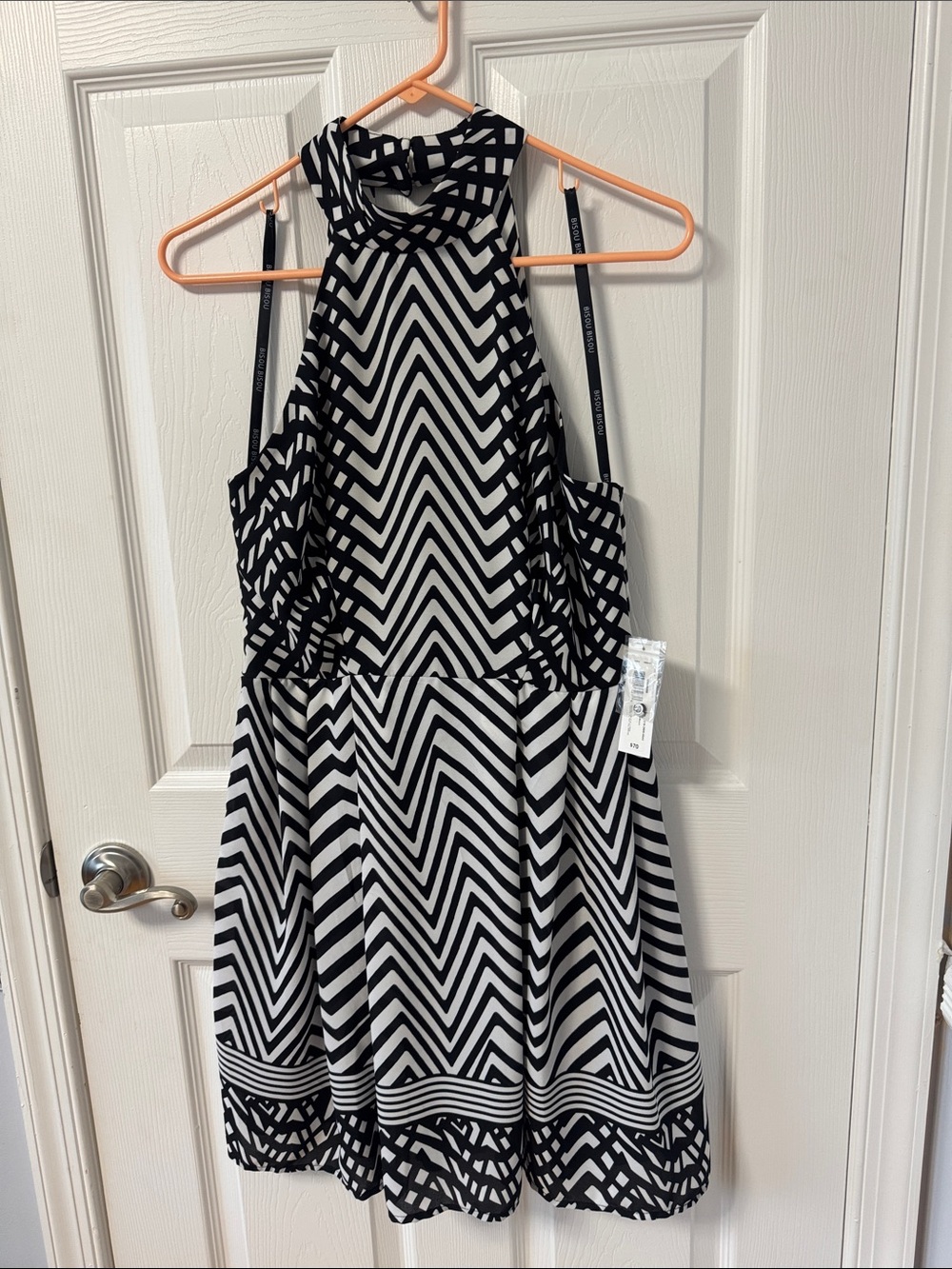 Black and White Chevron Midi Dress with Halter Neck